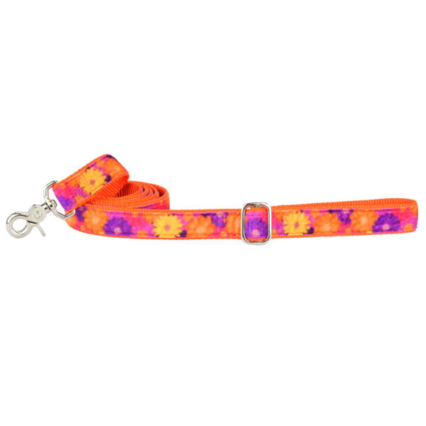 Vibrant orange, purple, and yellow floral pattern velvet dog leash with pink webbing and adjustable silver hardware by 2 Hounds Design