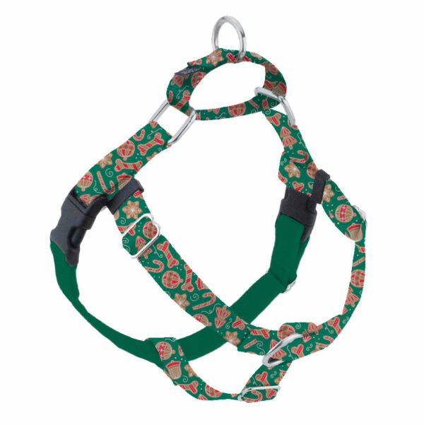 Christmas cookie shapes on green background no-pull freedom dog harness with double leash attachment points by 2 Hounds Design