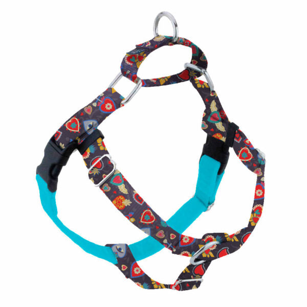 Dark heart and flower print on navy no-pull freedom dog harness with double leash attachment points by 2 Hounds Design