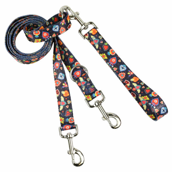 Dark floral euro double connection dog leash by 2 Hounds Design featuring colorful heart and flower print on navy background. - Earthstyle