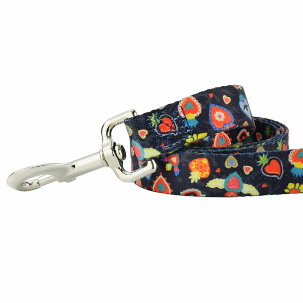 Close-up of dark floral dog leash featuring colorful heart and flower print on navy background by 2 Hounds Design - Earthstyle