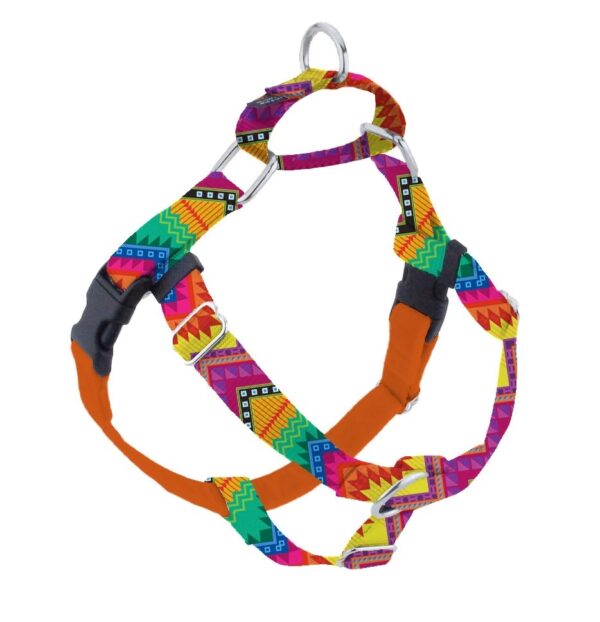 Multicolor geometric pattern no-pull freedom dog harness with double leash attachment points by 2 Hounds Design