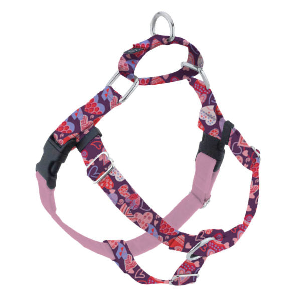 Purple and pink featuring a heart pattern no-pull freedom dog harness with double leash attachment points by 2 Hounds Design