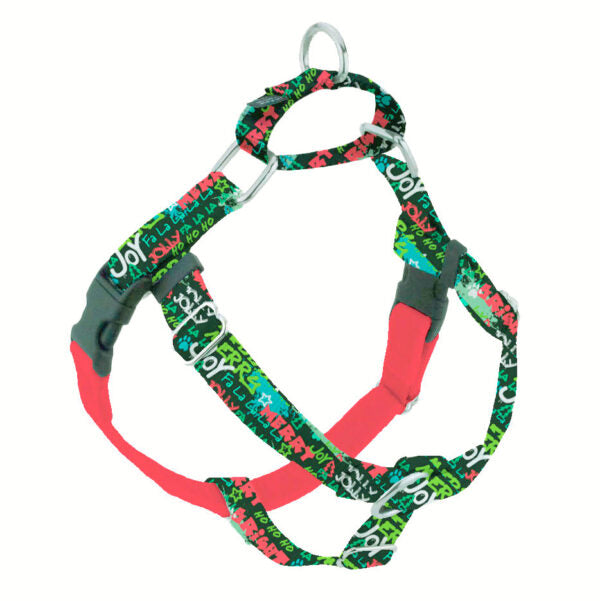 Holiday-themed green background and colorful festive words like “Merry,” “Joy,” and “Brightâ€no-pull freedom dog harness with double leash attachment points by 2 Hounds Design