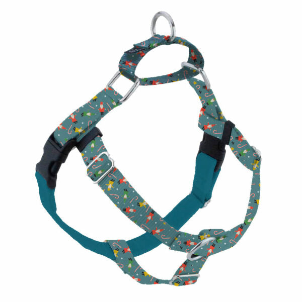 Winter-themed festive gnome pattern no-pull freedom dog harness with double leash attachment points by 2 Hounds Design
