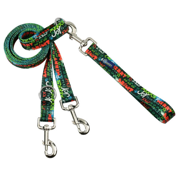 Holiday-themed euro double connection dog leash with green background and colorful festive words like “Merry,” “Joy,” and “Bright” – 2 Hounds Design - Earthstyle