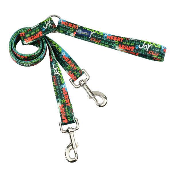 Holiday-themed double connection dog leash with green background and colorful festive words like “Merry,” “Joy,” and “Bright” – 2 Hounds Design - Earthstyle