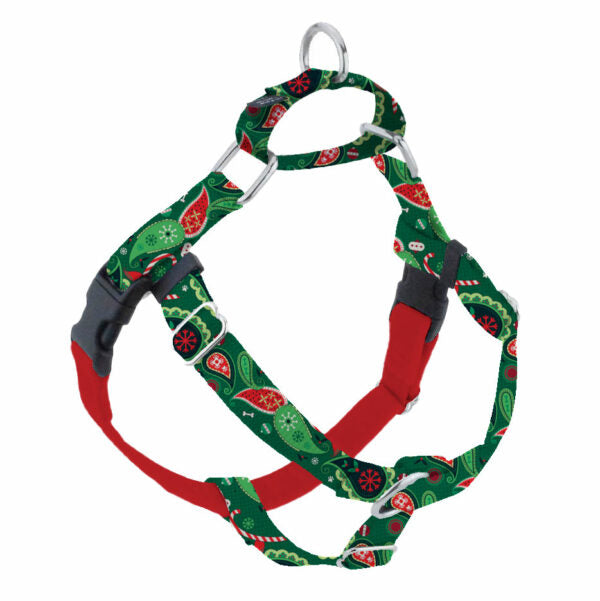 Christmas-themed festive green, red, and white paisley details no-pull freedom dog harness with double leash attachment points by 2 Hounds Design