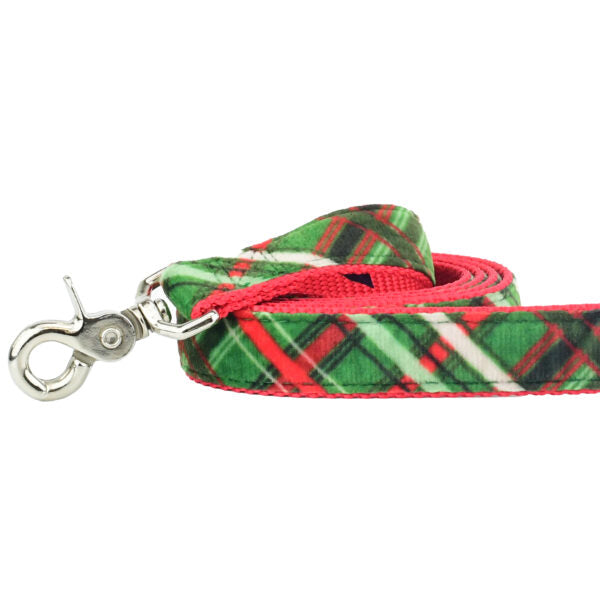 Close-up of green and red plaid velvet dog leash with silver hardware by 2 Hounds Design