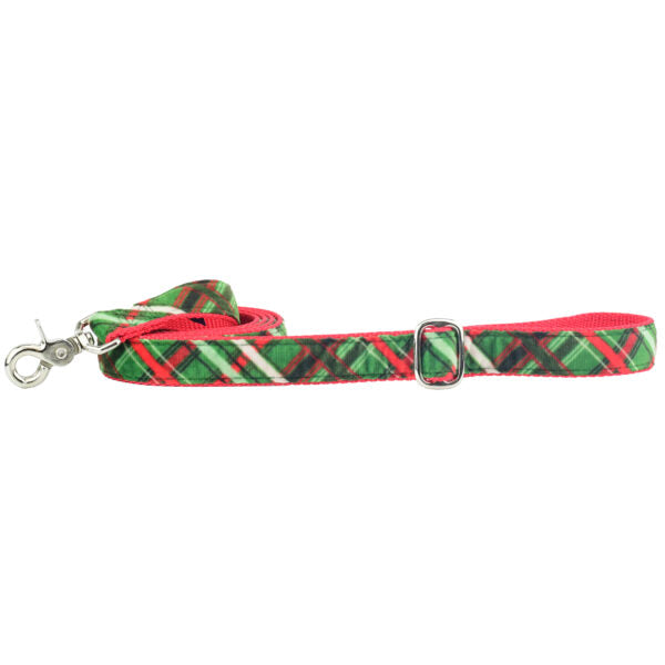 Christmas-themed red and green plaid velvet dog leash with silver hardware and adjustable buckle by 2 Hounds Design