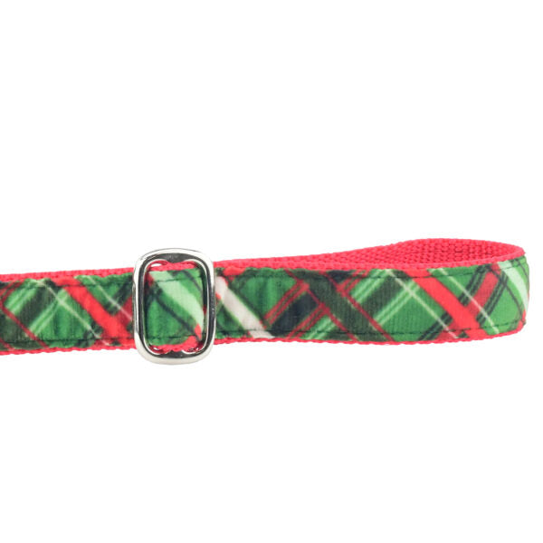 Close-up of green and red plaid velvet dog leash handle with adjustable feature by 2 Hounds Design