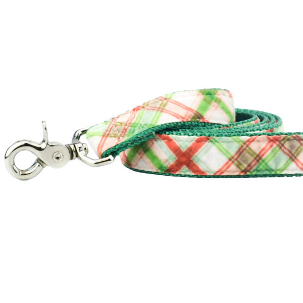 Close-up of green and red on cream plaid velvet dog leash with silver hardware by 2 Hounds Design