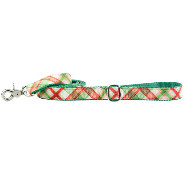 Holiday-themed green and red plaid on cream velvet dog leash with silver hardware and adjustable buckle by 2 Hounds Design