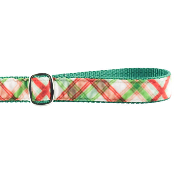 Close-up of green and red on cream plaid velvet dog leash handle with adjustable feature by 2 Hounds Design
