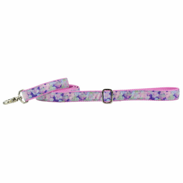 Pastel pink and lavender hydrangea velvet leash with silver hardware and adjustable buckle by 2 Hounds Design