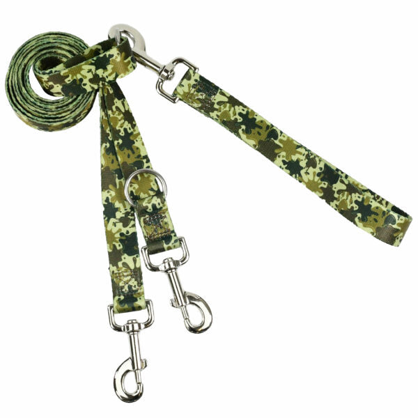 Green camo euro double connection dog leash by 2 Hounds Design with heavy-duty clasps and ergonomic handle - Earthstyle
