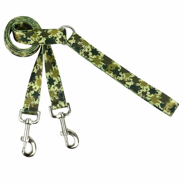 Green camo double connection dog leash by 2 Hounds Design with heavy-duty clasps and adjustable handle - Earthstyle