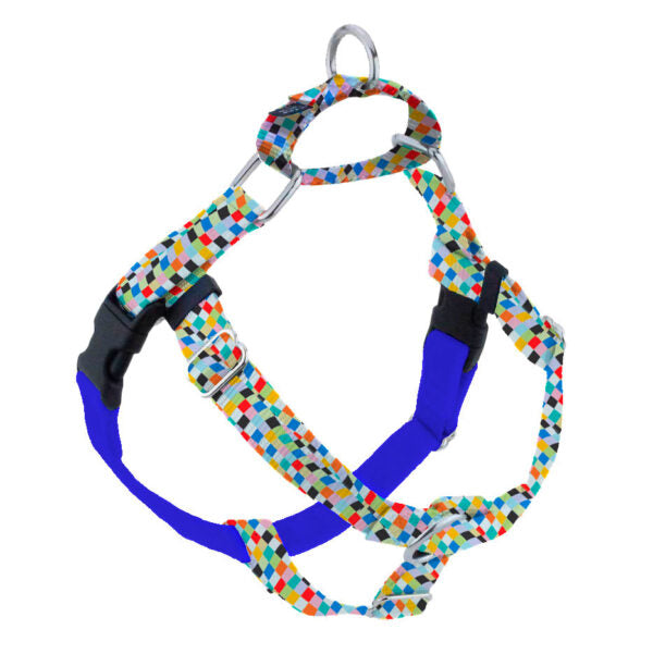 Colorful mosaic pattern no-pull freedom dog harness with double leash attachment points by 2 Hounds Design