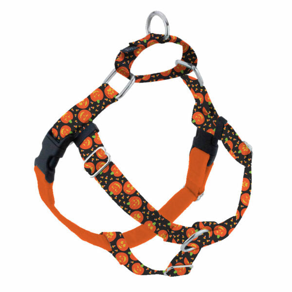 Halloween-themed smiling jack-o’-lantern print  no-pull freedom dog harness with double leash attachment points by 2 Hounds Design