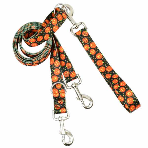 Halloween-themed euro double connection dog leash with smiling jack-o’-lantern print by 2 Hounds Design - Earthstyle