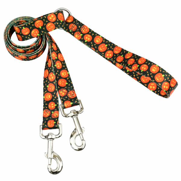 Halloween-themed double connection dog leash with smiling jack-o’-lantern print by 2 Hounds Design - Earthstyle