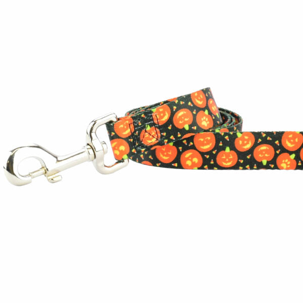 Close-up of dog leash with silver hardware featuring a smiling jack-o’-lantern print by 2 Hounds Design - Earthstyle
