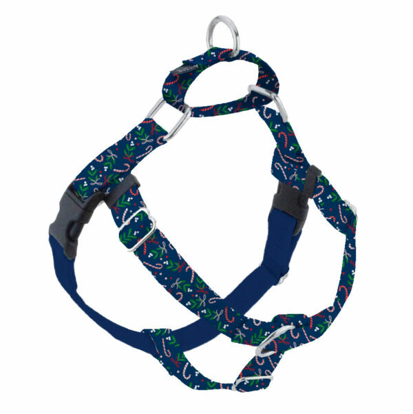 Christmas candy cane pattern on blue background no-pull freedom dog harness with double leash attachment points by 2 Hounds Design