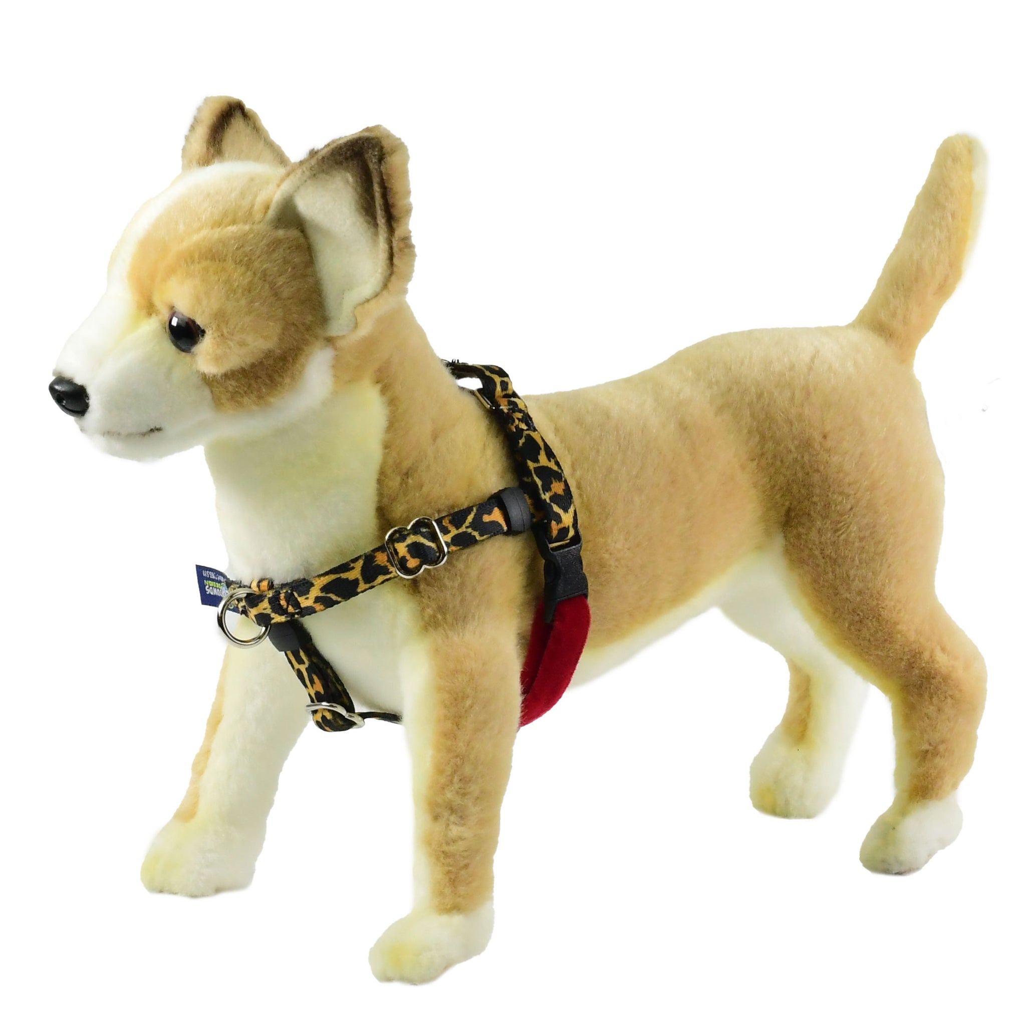 XXSmall leopard print freedom no-pull dog harness on plush dog mannequin