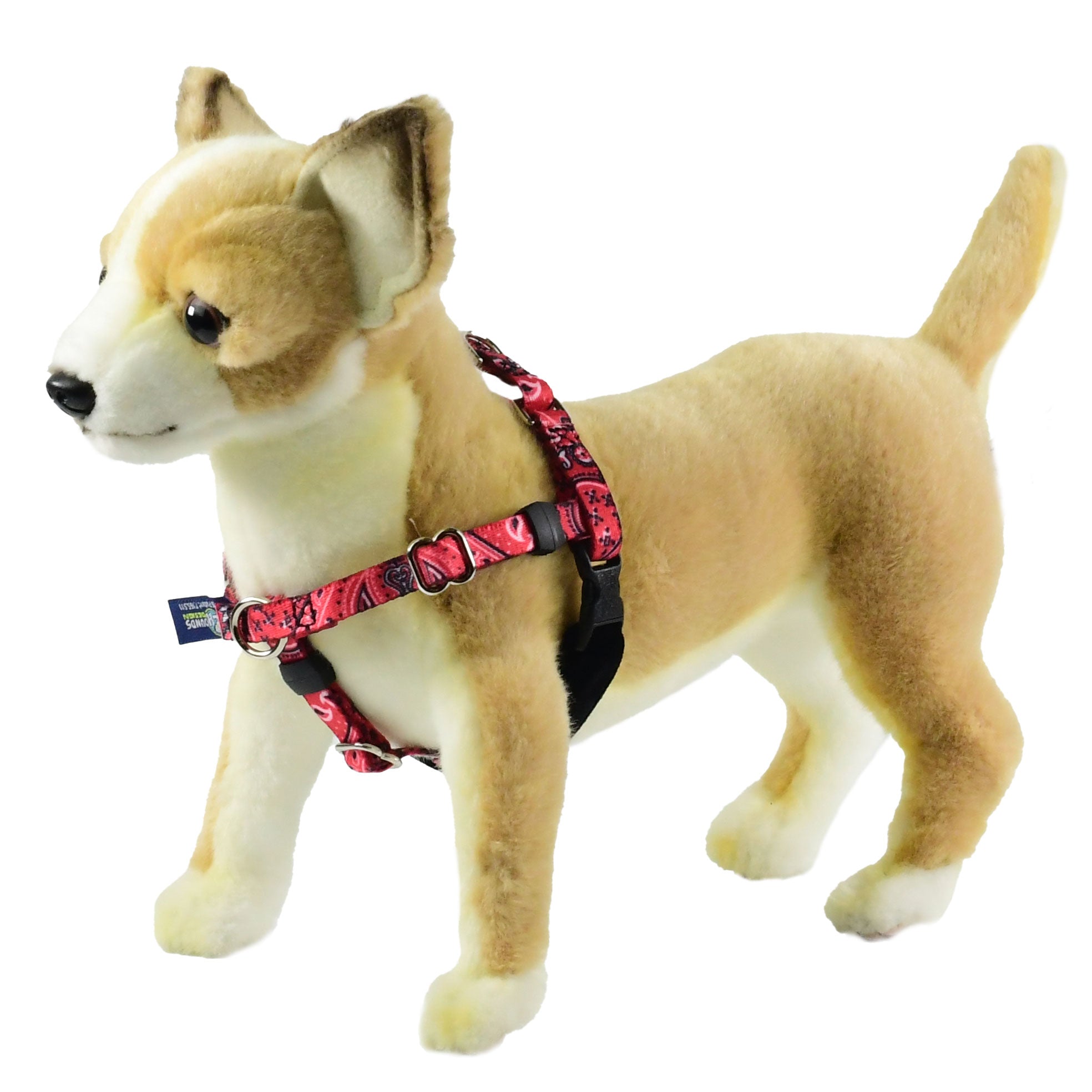 XXSmall bandana pattern on red background freedom no-pull dog harness on plush dog mannequin