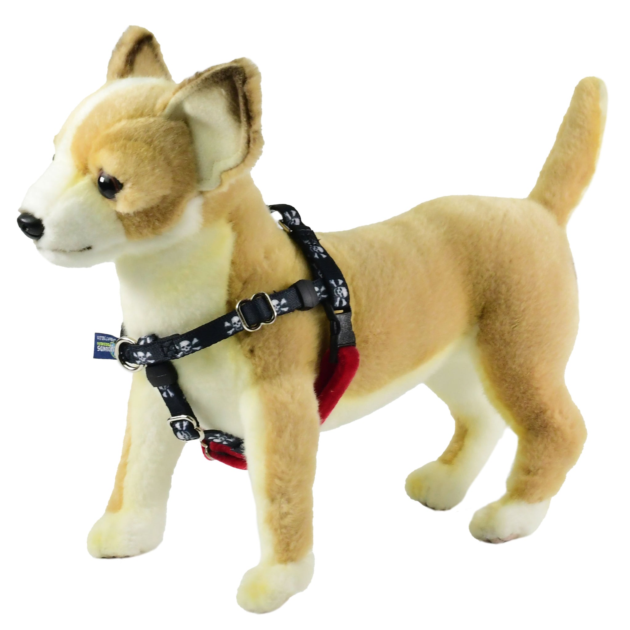 XXSmall skull and bones on black background freedom no-pull dog harness on plush dog mannequin
