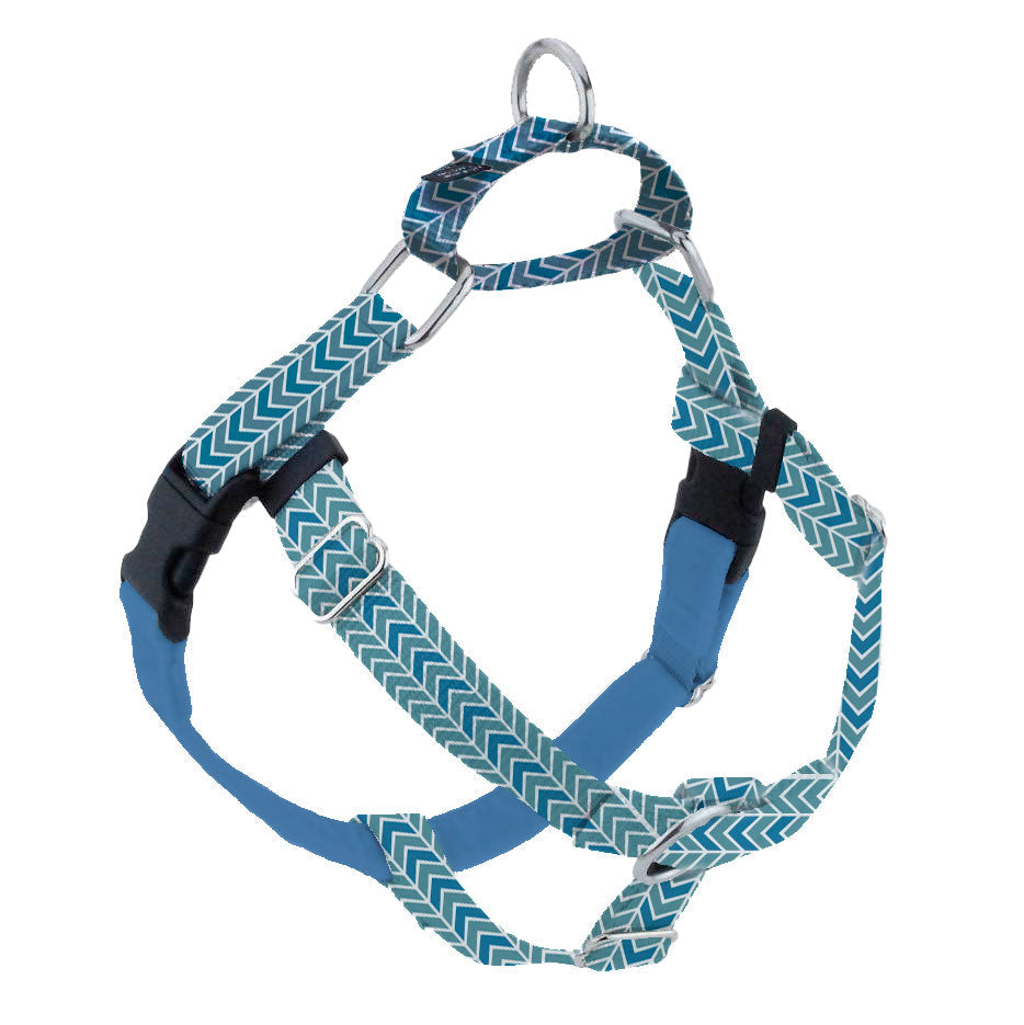 Blue chevron freedom no-pull dog harness with velvet-lined straps and secure metal rings - EarthStyle