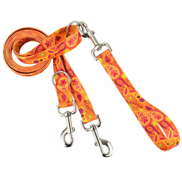 Vibrant orange euro-style dog training leash with classic paisley pattern and sturdy silver clips.— 2 Hounds Design. - Earthstyle