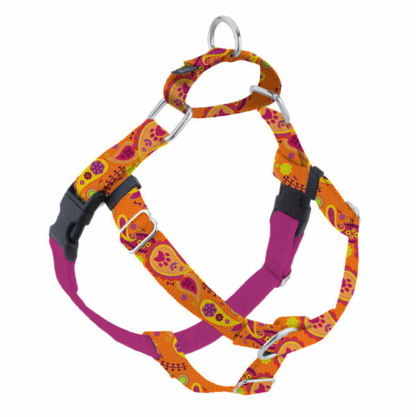 Classic paisley details in orange no-pull freedom dog harness with double leash attachment points by 2 Hounds Design