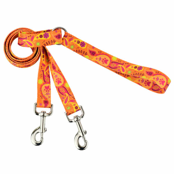 Vibrant orange dog training leash with classic paisley pattern and sturdy silver clips.— 2 Hounds Design. - Earthstyle