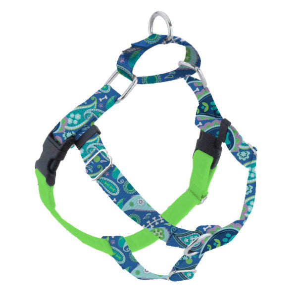 Blue paisley pattern no-pull freedom dog harness with double leash attachment points by 2 Hounds Design