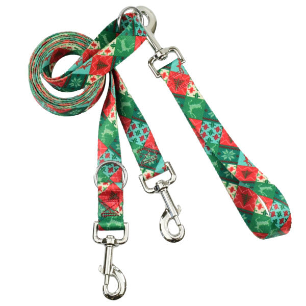 Holiday patchwork print euro double connection dog leash in red, green, and teal by 2 Hounds Design – festive Christmas-themed leash - Earthstyle
