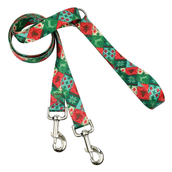 Holiday patchwork print double connection dog leash in red, green, and teal by 2 Hounds Design – festive Christmas-themed leash - Earthstyle
