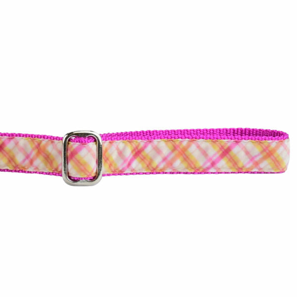 Close-up of pink and yellow plaid velvet dog leash handle with adjustable feature by 2 Hounds Design