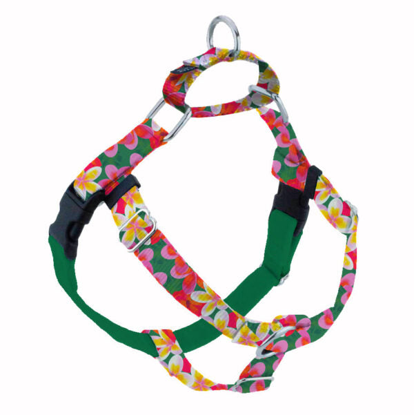 Tropical plumeria floral in pink, yellow, and green no-pull freedom dog harness with double leash attachment points by 2 Hounds Design