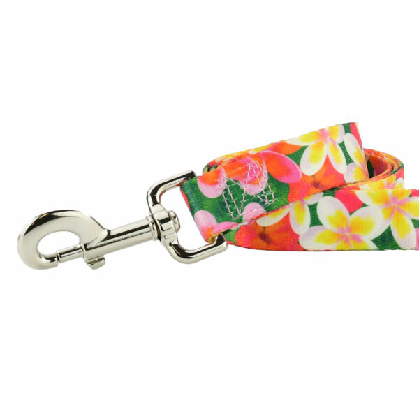 Close-up of tropical plumeria floral dog leash in pink, yellow, and green by 2 Hounds Design – vibrant summer accessory - Earthstyle