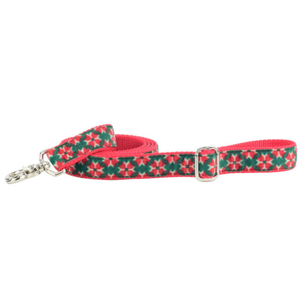 Christmas poinsettia patterned velvet leash with silver hardware and adjustable buckle by 2 Hounds Design
