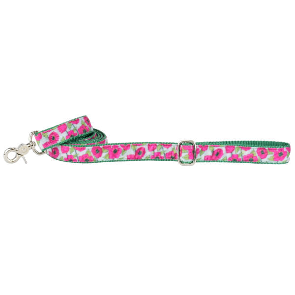 Pink floral velvet pattern on green webbing and adjustable silver hardware by 2 Hounds Design