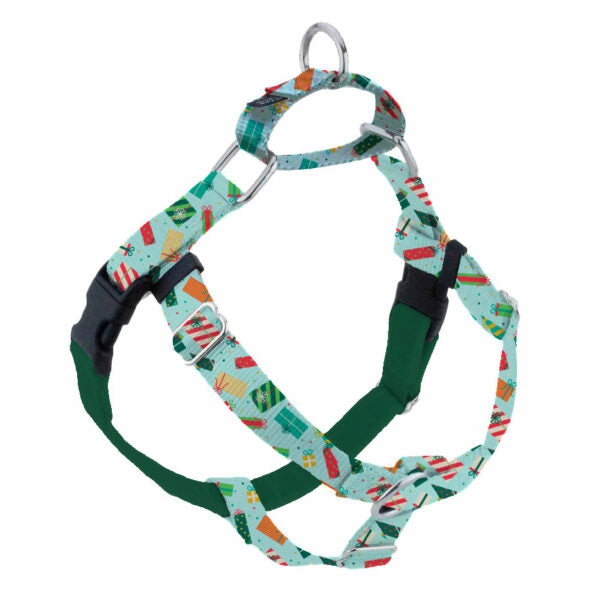Holiday-themed colorful gift box pattern no-pull freedom dog harness with double leash attachment points by 2 Hounds Design