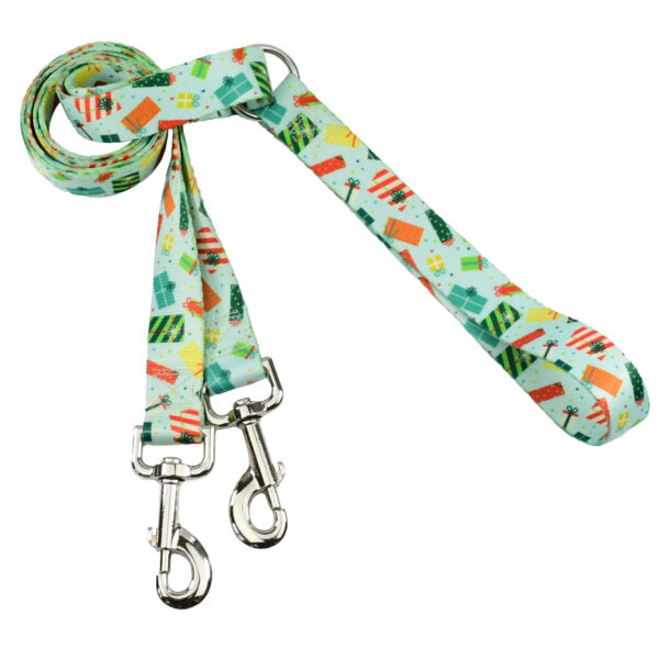 Holiday-themed double connection dog leash with colorful gift box pattern by 2 Hounds Design - Earthstyle