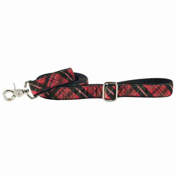 Classic winter red and black plaid velvet dog leash with silver hardware and adjustable buckle by 2 Hounds Design