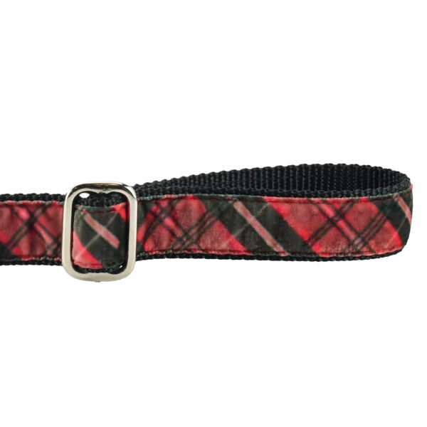 Close-up of red and black plaid velvet dog leash handle with adjustable feature by 2 Hounds Design