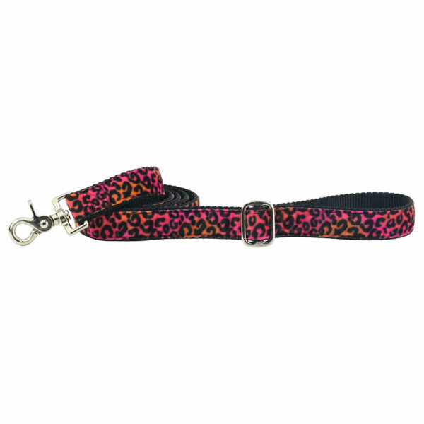 Bold black leopard print in pink and orange background velvet leash with silver hardware and adjustable buckle by 2 Hounds Design