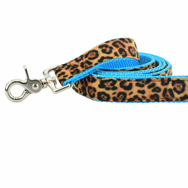 Close-up of leopard print velvet dog leash with silver hardware by 2 Hounds Design