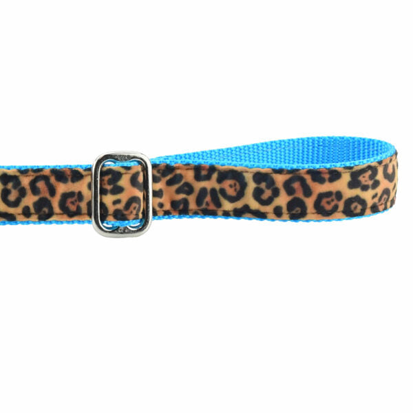 Close-up of leopard print velvet dog leash handle with adjustable feature by 2 Hounds Design