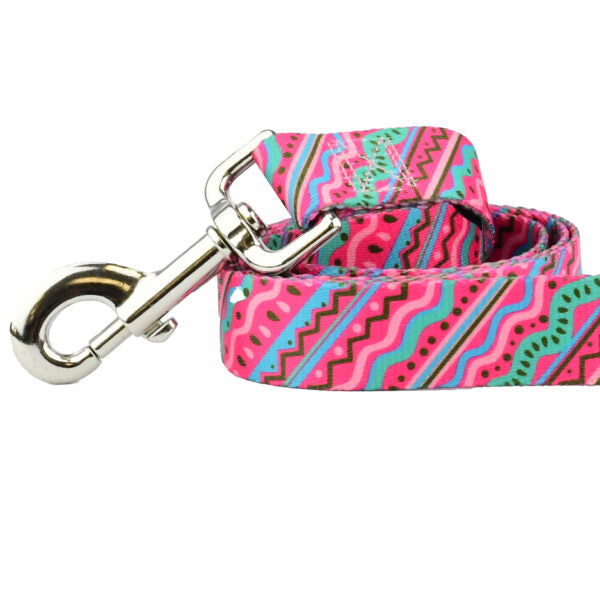 Close-up of dog leash handle with silver hardware featuring pink squiggles and geometric design by 2 Hounds Design - Earthstyle